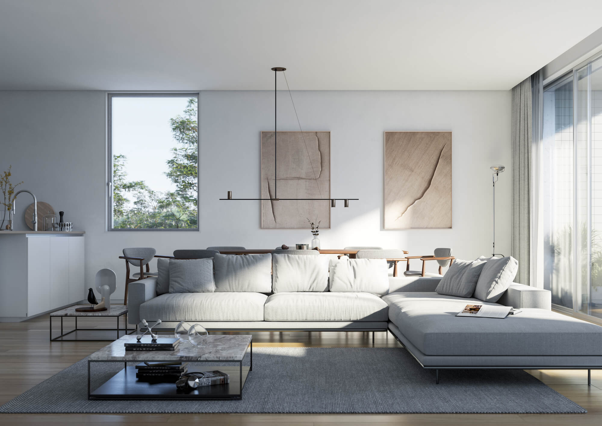 Apartamentos Sala de estar moderna com sofás confortáveis, mesa de centro e grandes janelas oferecendo luz natural num apartamento no Varandas do Parque, São João da Madeira