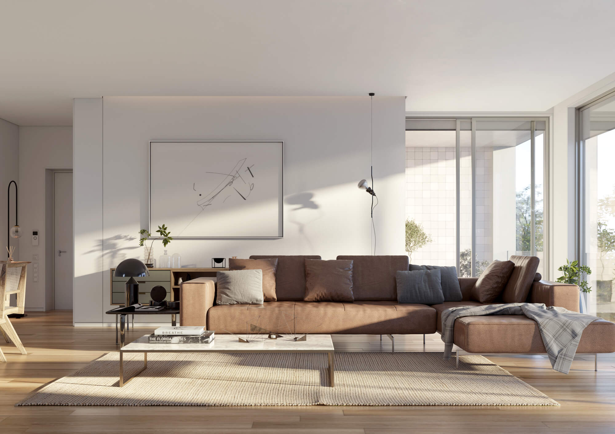 Sala de estar moderna com sofás confortáveis, mesa de centro e grandes janelas oferecendo luz natural num apartamento no Varandas do Parque, São João da Madeira